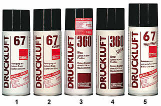 Druckluft-Sprays von CRC-Kontakt-Chemie: Druckluft 67, Druckluft 67 Super, Druckluft 360, Druckluft 360 Super und Druckluft 67 Hochdruck