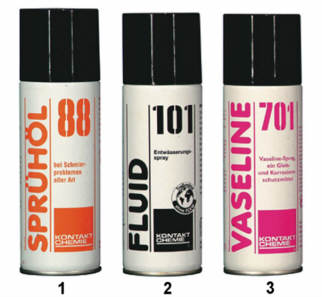 Sprays von CRC-Kontakt-Chemie: Sprhl 88, Fluid 101 und Vaseline 701