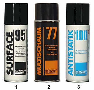 Sprays von crc-Kontakt-Chemie: Surface 95, Multischaum 77 und Antistatic 100